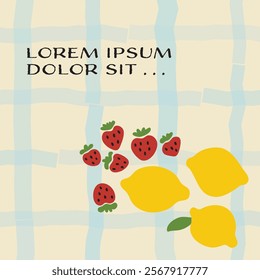 Hand drawn cute seamless pattern. Fruits lemon and strawberry on strip background. Vector illustration fabric, packaging, wallpaper, wrapping paper, menu, note, cover, poster design for restaurant.