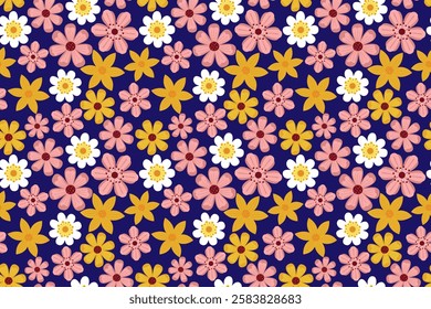 Hand drawn cute seamless pattern with spring wild flowers. Pattern for wallpaper, fabric, textile, posters, cards. Vector illustration