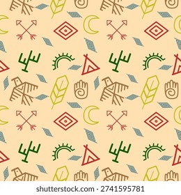 Hand drawn cute seamless pattern with navajo, boho, native american element symbols such as arrows, eagle,teepee and geometric shapes. Vector illustration.