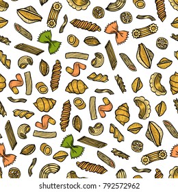 Hand drawn Cute seamless pattern made of Italian pasta types. food, drink, menu label, banner poster identity, branding. Stylish design with sketch illustration