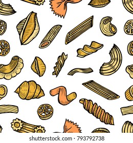 Hand drawn Cute seamless pattern made of Italian pasta types. food, drink, menu label, banner poster identity, branding. Stylish design with sketch illustration