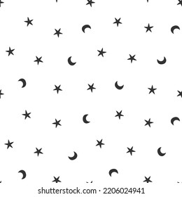 Hand drawn cute seamless simple pattern with stars and moons. Flat vector black and white minimal print design in doodle style. Repeated background, textile, wrapping or wallpaper.