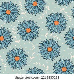 hand drawn cute seamless vector pattern background illustration with pastel blue flowers and white leaves
