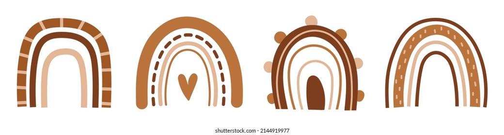 Hand drawn cute set with abstract rainbows. Vector boho rainbows collection.
