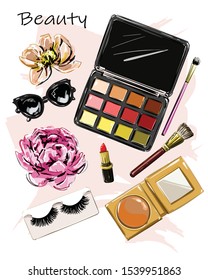 Hand drawn cute set with cosmetics. Eyeshadow palettes, lipstick, brushes, false eyelashes, sunglasses and flowers. Sketch. Vector illustration. 