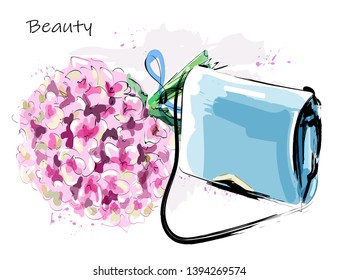 Hand drawn cute set with fashion bag and flowers. Beautiful hydrangea. Stylish female bag. Sketch. Vector illustration.