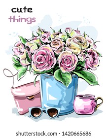 Conjunto adorable hecho a mano con una flor caja, bolsa, taza y gafas de sol. Hermosas rosas rosas. Esbozo. Ilustración vectorial.