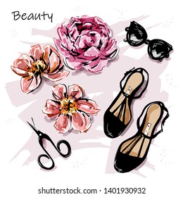 Hand drawn cute set with flowers, sunglasses, shoes and scissors. Beautiful female accessories. Sketch. Vector illustration.