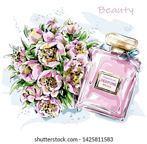 Hand Drawn Cute Set With Flowers And Perfume Bottle. Sketch. Vector Illustration.