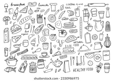 Hand drawn cute set of healthy food ingredients in doodle style with lettering. Fast food. Great for menu design, banners, sites, packaging. Vector illustration EPS10. Isolated 0n white