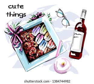 Hand drawn cute set with macarons, bottle of wine, candle, eyeglasses. Sketch. Vector illustration.
