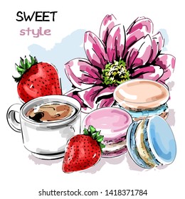 Hand drawn cute set with macarons, strawberries, cup and flower. Sketch. Vector illustration.