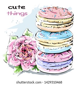 Conjunto adorable hecho a mano con macarons y flores. Esbozo. Ilustración vectorial.
