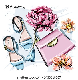 Hand drawn cute set with stylish accessories. Fashion shoes, pink bag and flowers. Sketch. Vector illustration.