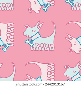 Hand drawn cute shaggy dogs in collars with bones seamless pattern. Perfect for tee, paper, textile and fabric. Doodle vector illustration for decor and design.