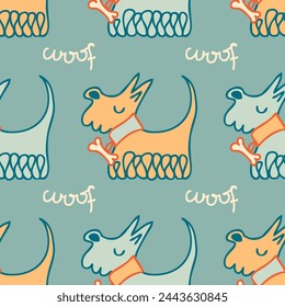 Hand drawn cute shaggy dogs in collars with bones and text woof seamless pattern. Animal cartoon vector character print. Perfect for tee, paper, textile and fabric.