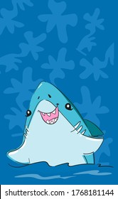Hand drawn cute shark on a blue background illustration. Sketch fish sea. Childish print design for fabric, t-shirts, poster, background. Vector