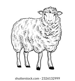 Hand drawn cute sheep farm hand drawn sketch Vector illustration Farming. Vintage style sheep illustration isolated on white background. animals drawings. Engraving style sheep drawing design.