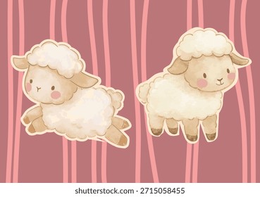 Hand Drawn Cute sheep illustration on pink striped background vector illustration