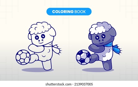 adorables ovejas dibujadas a mano jugando al libro de ilustraciones de fútbol para niños a rellenar