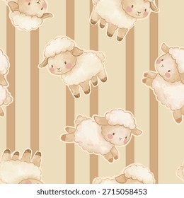 Dibujado a mano Lindo patrón de ovejas sin fisuras en Ilustración vectorial de fondo a rayas beige