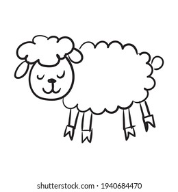 Hand drawn cute sheep vector illustration coloring page. Simle black line in doodle style. Easy form.