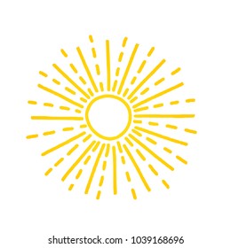 Hand drawn cute shinny sun. Vector graphic illustration. Yellow summer logo, symbol, icon, sign.