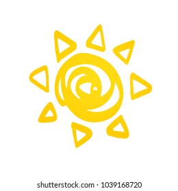 Hand drawn cute shinny sun. Vector graphic illustration. Yellow summer logo, symbol, icon, sign.