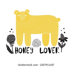 Hand drawn cute silhouette bear with flowers and text Honey lover. Isolated on white background vector illustration