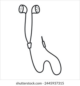 Hand drawn cute simple doodle illustration of wired headphones. Flat vector headset sticker in simple line art style. Outline music device icon or print. Isolated on white background.