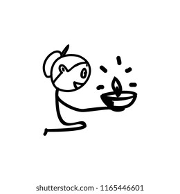Hand drawn cute simple girl with burning diya, a traditional candle light origin from India. Vector illustration vintage sketch drawing.