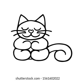 Hand drawn cute sitting cat with closed eyes and a heart-shaped nose. Black outline isolated on white background. Vector illustration for stickers, posters, cards, prints, decor.