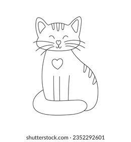 Hand drawn cute sitting cat with closed eyes. Home pet in doodle style. Black and white outline vector illustration isolated on a white background.