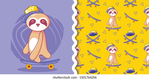 hand drawn cute skateboard sloth with pattern set