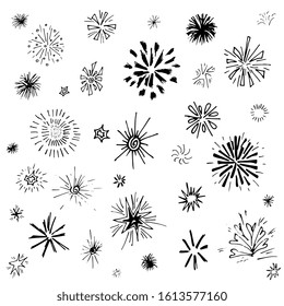 Hand Drawn Cute Sketch Doodle Vector Line Burst And Fireworks Icon Element Set. Isolated On White Background