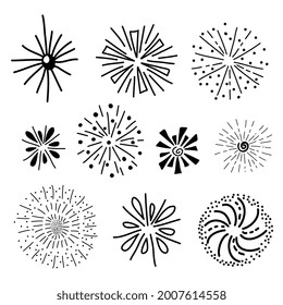 Hand drawn cute sketch doodle vector line burst and fireworks icon element set. Isolated on white background	
