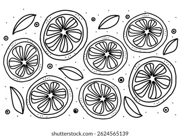 Hand drawn cute sketch of orange fruit, cut, sour, beauty, background, cute pattern, editable, black ink outline, doodle art