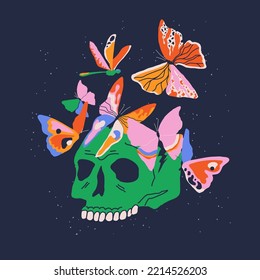 Hand drawn cute skull with butterflies, dragonfly on the background. Trendy design to print. Creepy colorful skull head and insects. Isolated cartoon print for t shirt, card, poster, tattoo.