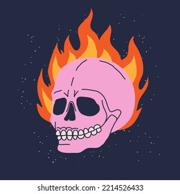 Hand drawn cute skull with flames on the background. Trendy design to print. Creepy colorful skull head on fire. Isolated cartoon print for t shirt, card, poster, tattoo.