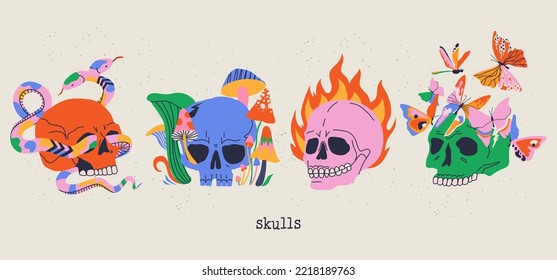 Hand drawn cute skull with flames, mushrooms. butterflies, snake on the background. Trendy design to print. Creepy colorful skull head and fire, insects, reptile. Isolated cartoon print for t shirt, c