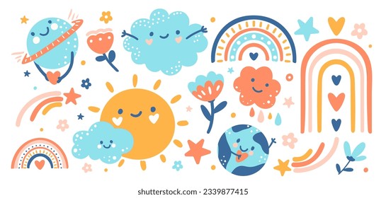 Hand drawn cute sky stickers : Earth planet, happy doodle sun, funny clouds, boho rainbow, flowers and stars. Funny collection of kind peaceful characters. Baby vector illustration