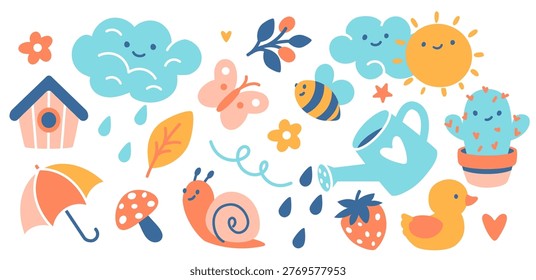 Hand drawn cute sky stickers collection featuring sun, butterfly, cloud, strawberry, duckling, umbrella, watering can, snail, cactus, flower. Funny peaceful characters for baby vector illustration