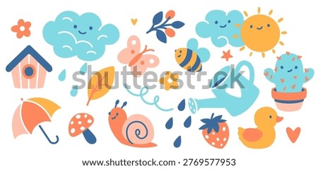Hand drawn cute sky stickers collection featuring sun, butterfly, cloud, strawberry, duckling, umbrella, watering can, snail, cactus, flower. Funny peaceful characters for baby vector illustration