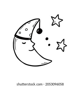 Hand drawn cute sleep moon with smile face. Doodle sketch style. Drawing line simple moon, star icon. Isolated vector illustration.