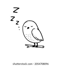 Hand drawn cute sleep owl with zzz text. Doodle sketch style. Drawing line simple sleep owl icon. Isolated vector illustration.