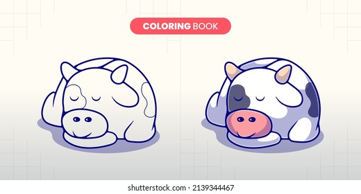 hand drawn cute sleeping cow illustration coloring book for children to fill in