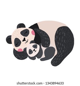 Hand drawn cute sleeping panda with baby isolated on white background. Wild animal. Vector illustration.