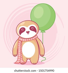 hand drawn cute sloth and balloons