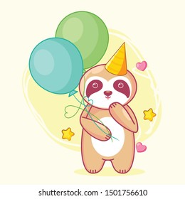 hand drawn cute sloth and balloons