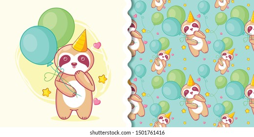 hand drawn cute sloth and balloons with pattern set